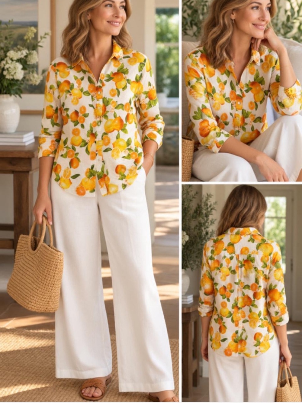 Talbots Petite Citrus Print 100% Cotton Button-Front Shirt